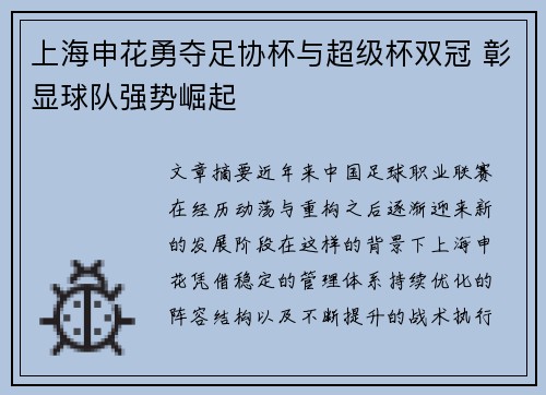 上海申花勇夺足协杯与超级杯双冠 彰显球队强势崛起 上海申花勇夺足协杯与超级杯双冠 彰显球队强势崛起